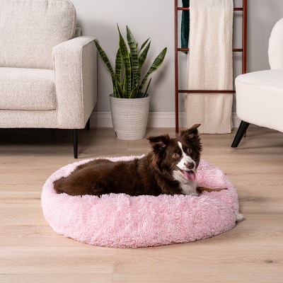 Medium Pink Faux Fur Round Calming Pet Bed