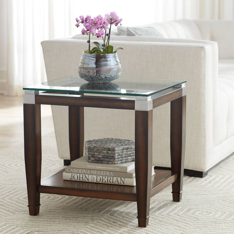 Elm Lane Farmhouse Rustic Oak Wood Accent Side End Table 24" x 22 1/4" with Open Shelf Brown Clear Glass Tabletop for Living Room Bedroom Bedside, 2 of 10