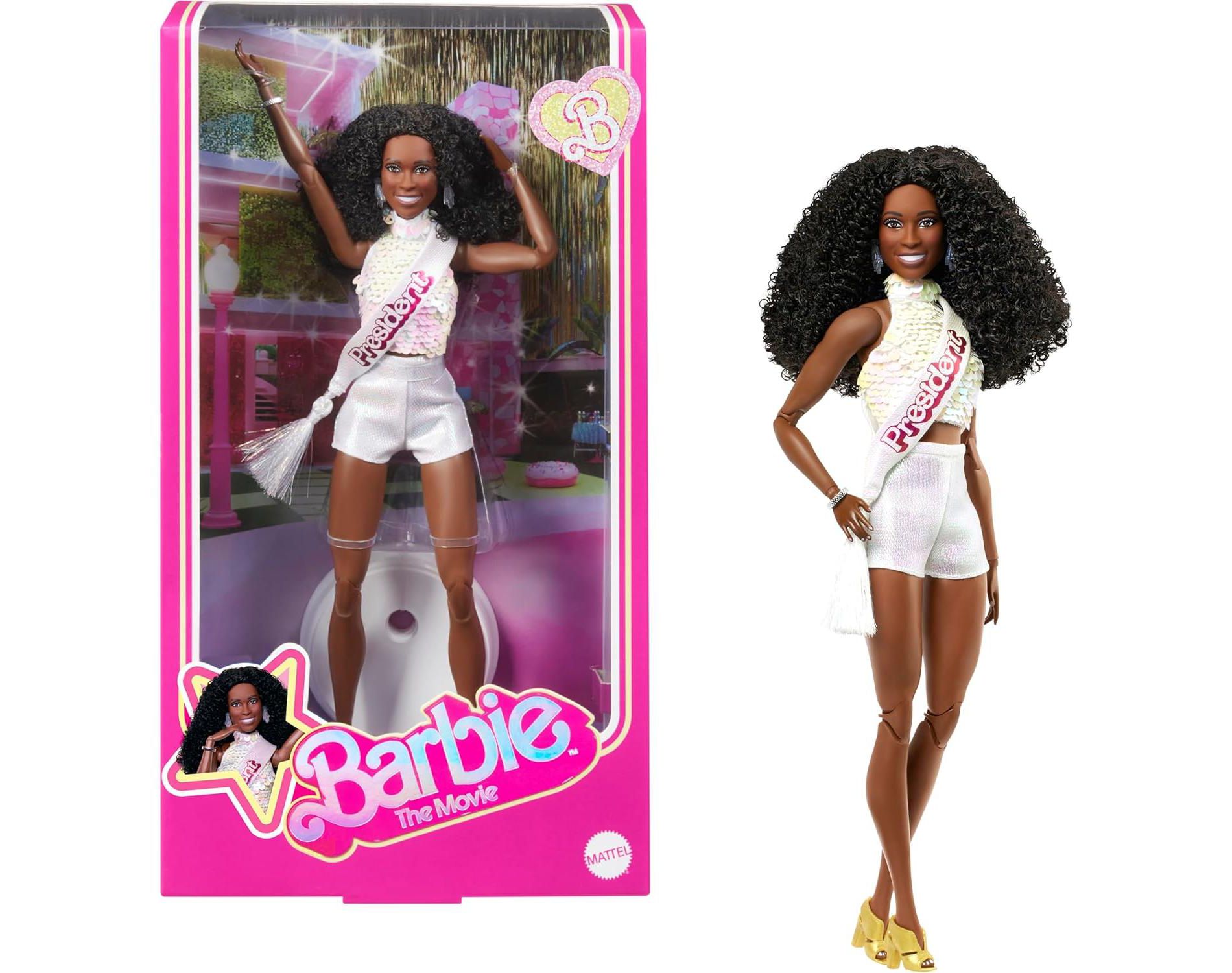 Barbie The Movie President Doll – Issa Rae as President in Shimmery White Blouse & Shorts with Curly Hair & Sash – JBJ55