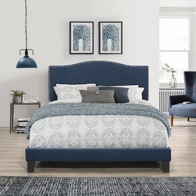 Queen Blue Velvet Upholstered Bed with Nailhead Trim