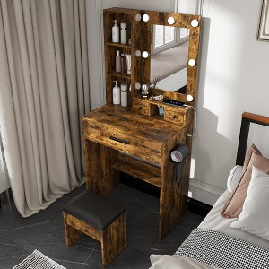 KWPZQEB Makeup Vanity Desk with Mirror & Lights, Vanity Table with 2 Drawers, Stool & Hairdryer Holder, Adjustable Brightness Dressing Table - 1 of 4