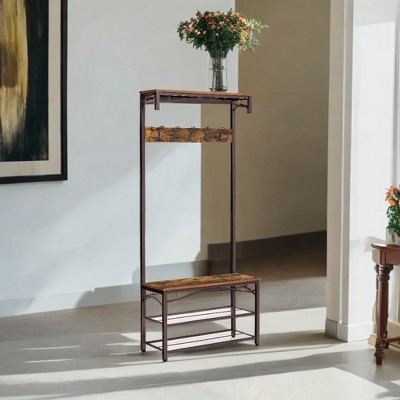 Coat Rack, 3-in-1 Hall Tree, Entryway Shoe Bench Coat Stand, Storage Shelves Accent Furniture Steel Frame Large Size