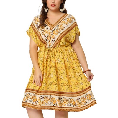 Agnes Orinda Women's Plus Size Boho Floral V Neck Drop Shoulder Drawstring Waist A Line Dresses