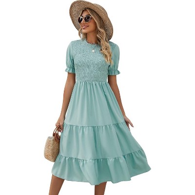 Women's Puff Short Sleeve Smocked Midi Dress Casual Elastic Waist Tiered A Line Maxi Dress