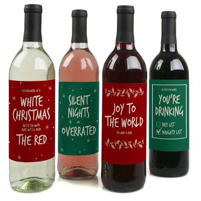 Big Dot of Happiness Red and Green Christmas - Holiday Decorations for Women and Men - Wine Bottle Label Stickers - Set of 4