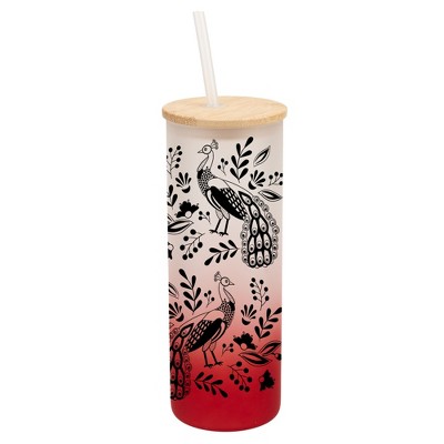 Elanze Designs Peacock Bird Flower Garden Wrap-Around Design 25 Ounce Frosted Gradient Glass On-The-Go Coffee Travel Skinny Tumbler Mug Cup, Bamboo