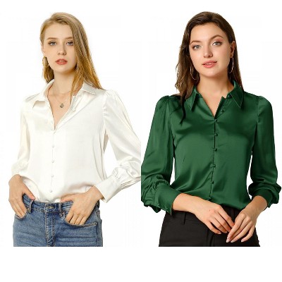 Allegra K Women's Satin Puff Sleeve Point Collar Vintage Button Up Shirt 2 Pcs