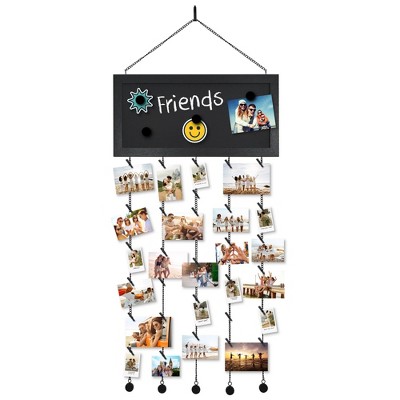 Americanflat 16x36 Hanging Photo Display with 16x8 Chalkboard with Chalk, Magnets, 23" Metal Chains and 30 Clips - Aesthetic Wall Decor - Black