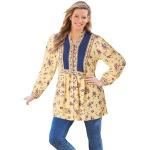 Woman Within Women's Plus Size Button-Front Mixed Print Tunic - 1 of 4
