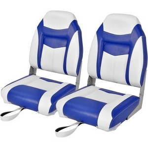 Gymax 1/2PC High Back Boat Seat Folding Fishing Seat w/ Soft Padded Cushion Fold-down Captain Boat Seat w/ Flexible Hinges Black/Blue - 1 of 4