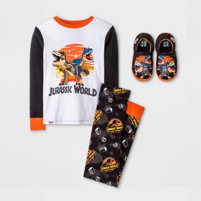 Boys' LEGO Jurassic World 2pc Pajama Set with Slippers - White/Black/Orange