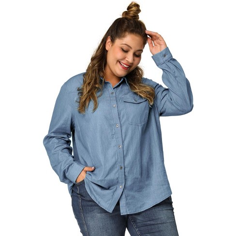 Agnes Orinda Women's Plus Size Business Casual Trendy Button Down Long  Sleeve Fall Denim Shirts Light Blue 3X