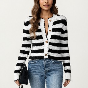Anna-Kaci Women's Striped Button Front Knit Cardigan with Contrast Trim and Long Sleeves - 1 of 4