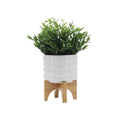 Sagebrook 5" White Ceramic Planter with Wooden Stand for Indoor/Outdoor Use