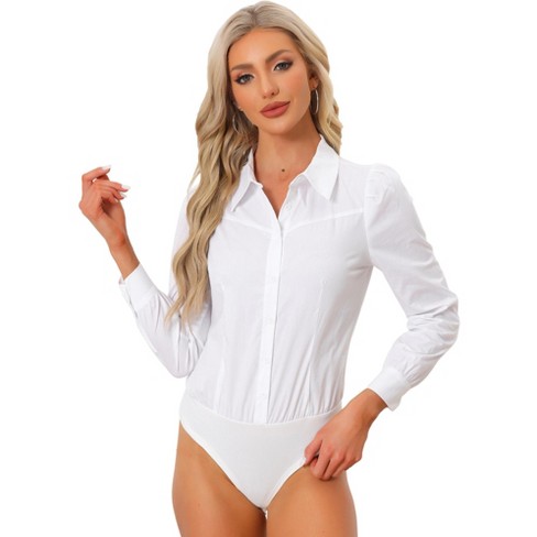 Allegra K Women's Collared Business Casual Button Down Long Sleeves Bodysuit  Top Leotard Shirt : Target