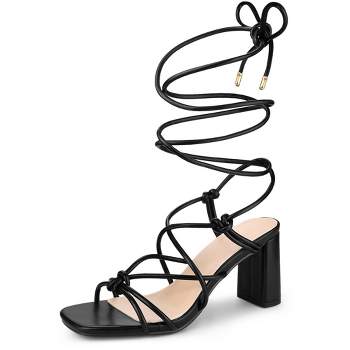 Perphy Women's Square Toe Strappy Lace Up Slingback Chunky Heel Sandals