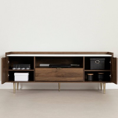 Natural Walnut and Faux Carrara Marble TV Stand with Cabinet