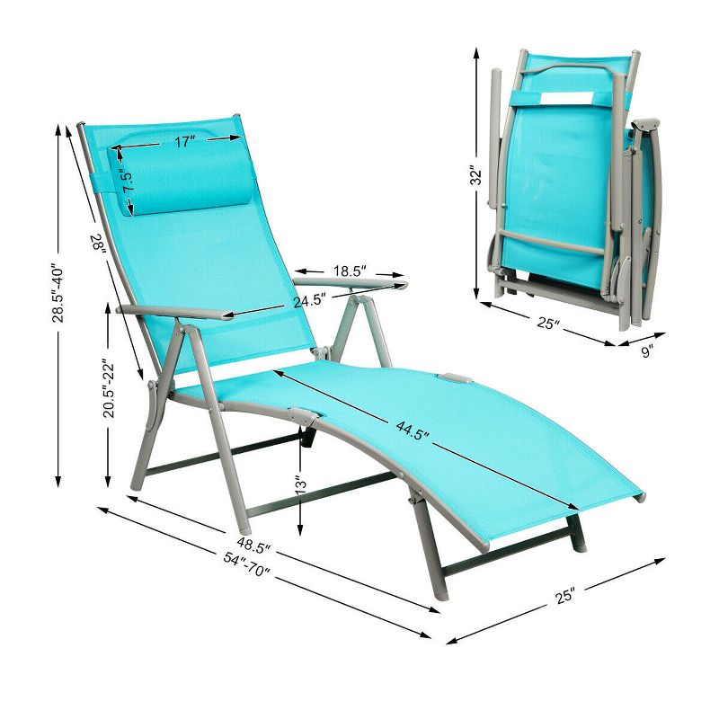 Costway 2PCS  Outdoor Folding Chaise Lounge Chair w/Cushion Turquoise, 4 of 11