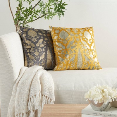 20"x20" Gray Velvet Throw Pillow with Gold Foil Birds