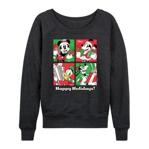 Women's - Disney - Mickey Minnie Goofy and Donald Happy Holidays Lightweight French Terry Wide Neck Long Sleeve Shirt - 1 of 4