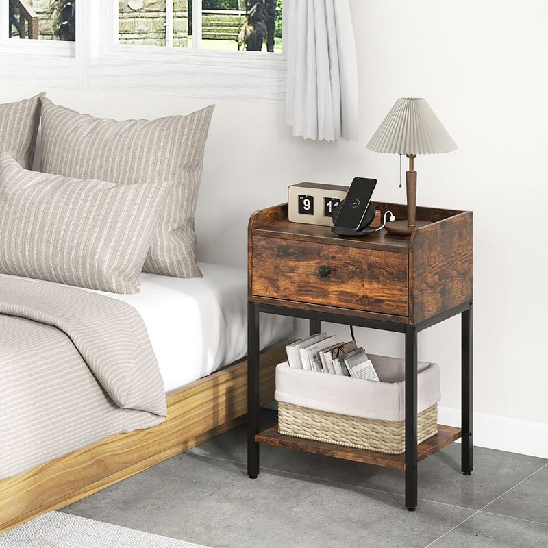 Tangkula Nightstand Side End Table w/ Charging Station Drawer Open Shelf for Small Space, 3 of 10