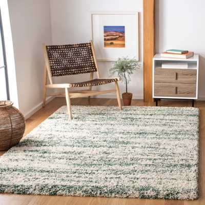 Ivory and Green Rectangular Shag Area Rug 6' x 9'