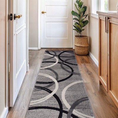 Gray Abstract Circles Design Synthetic Runner Rug 2'7" x 10'