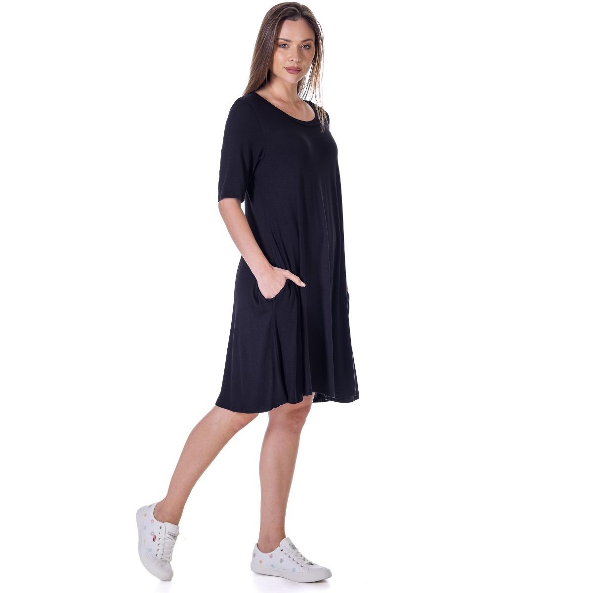Womens Round Neck Knee Length Soft Flare T Shirt Pocket Dress - 24seven Comfort Apparel™ - thumbnail 2