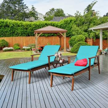 Costway 3PCS Patio Rattan Lounge Chair Folding Table Set Chaise Wood Cushioned White\Turquoise