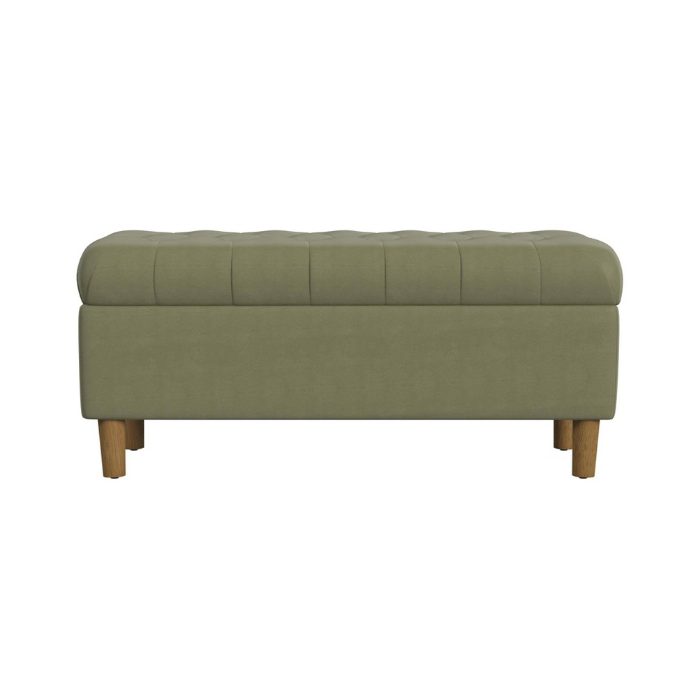 Button Tufted Storage Bench with Cone Wood Legs Velvet Light Sage Green - HomePop: Upholstered Ottoman for Bedroom, Hardwood Frame