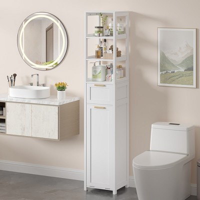 VECELO Tall Tilt Out Laundry Hamper Cabinet with Removable Laundry Basket, Floor Standing Bathroom Organizer with 1 Drawer & 3 Open Shelves, White