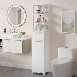 VECELO Tall Tilt Out Laundry Hamper Cabinet with Removable Laundry Basket, Floor Standing Bathroom Organizer with 1 Drawer & 3 Open Shelves, White - 1 of 4