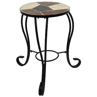 Sunnydaze Indoor/Outdoor Steel Frame Decorative Antique Ceramic Tile Top Flower Plant Stand Display Side Table - 12"