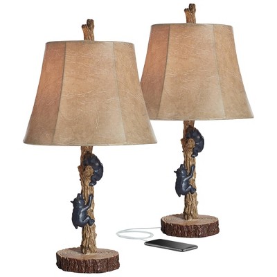 John Timberland Rustic Accent Table Lamps Set of 2 with USB Charging Port Black Gray Faux Wood Faux Leather Shade for Living Room