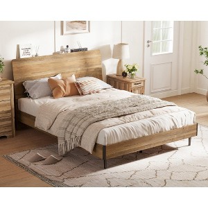 Wood Bed Frame With Ergonomic Headboard & Storage Shelf, No Box Spring Needed - 1 of 4