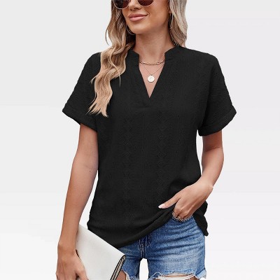 Women Henley Neck Blouse Eyelet Embroidery Boho Blouse Summer Tops Textured T-Shirts