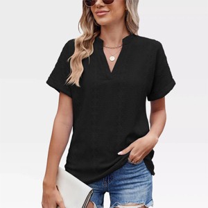 Women Henley Neck Blouse Eyelet Embroidery Boho Blouse Summer Tops Textured T-Shirts - 1 of 4
