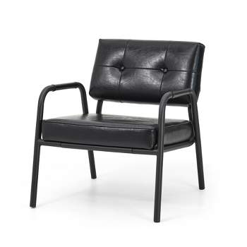 Mid-Century Modern Leatherette Arm Accent Chair Frosted Black Metal Frame Black - Glitzhome