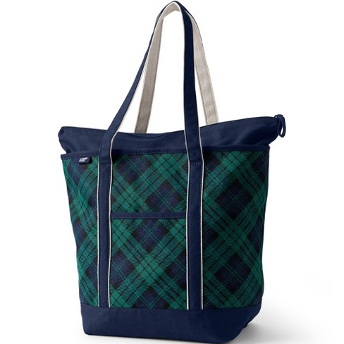 Lands End Canvas Tote Bag Large Zip Top Blue Argyle Print and Monogram MEM