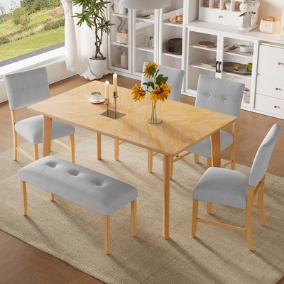 Vynxaria Rustic Farmhouse Dining Set: Rectangular Table, Upholstered Chairs & Bench, Solid Wood