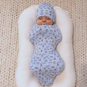 Bellabu Bear Baby Milk & Cookies Blue Bamboo Swaddle & Beanie Set - 1 of 4