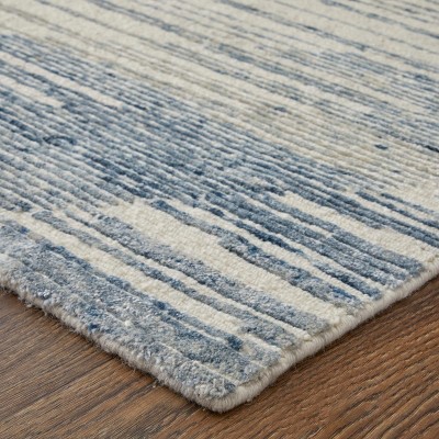 Ivory and Blue Hand-Knotted Wool and Viscose Abstract Rug