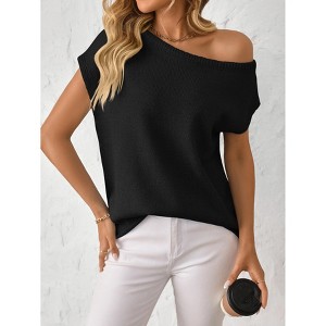 Womens Summer Knit Sweater Top Off Shoulder Short Sleeve Casual Pullover Sweater - 1 of 3