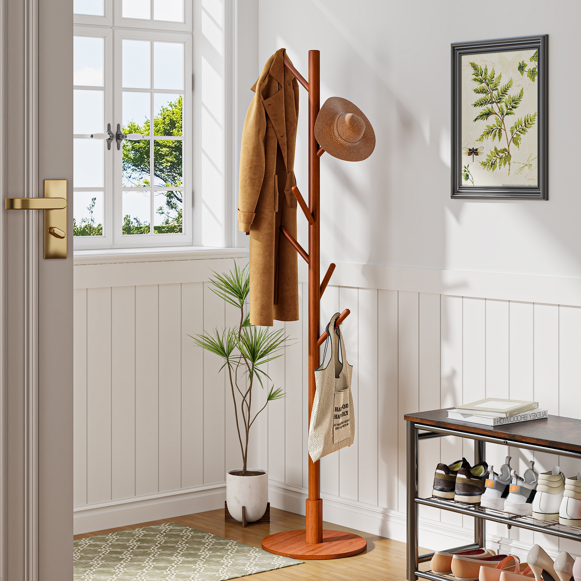 VECELO Coat Rack Freestanding, Solid Wood Entryway Hanger Stand, Hall Tree with Hooks, Floor Standing Tree Stand, Dark Brown