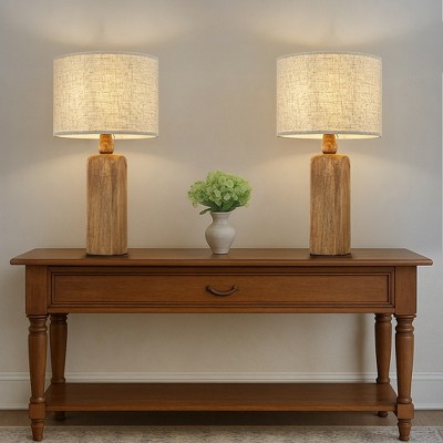 ALOADECOR Farmhouse Traditional Natural Solid Wood Table Lamp with Beige Fabri Drum Shade for Bedroom Living Room(2 Pack)