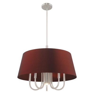 Sleek Brushed Nickel 6-Light Chandelier with Handcrafted Red Wine Fabric Shade