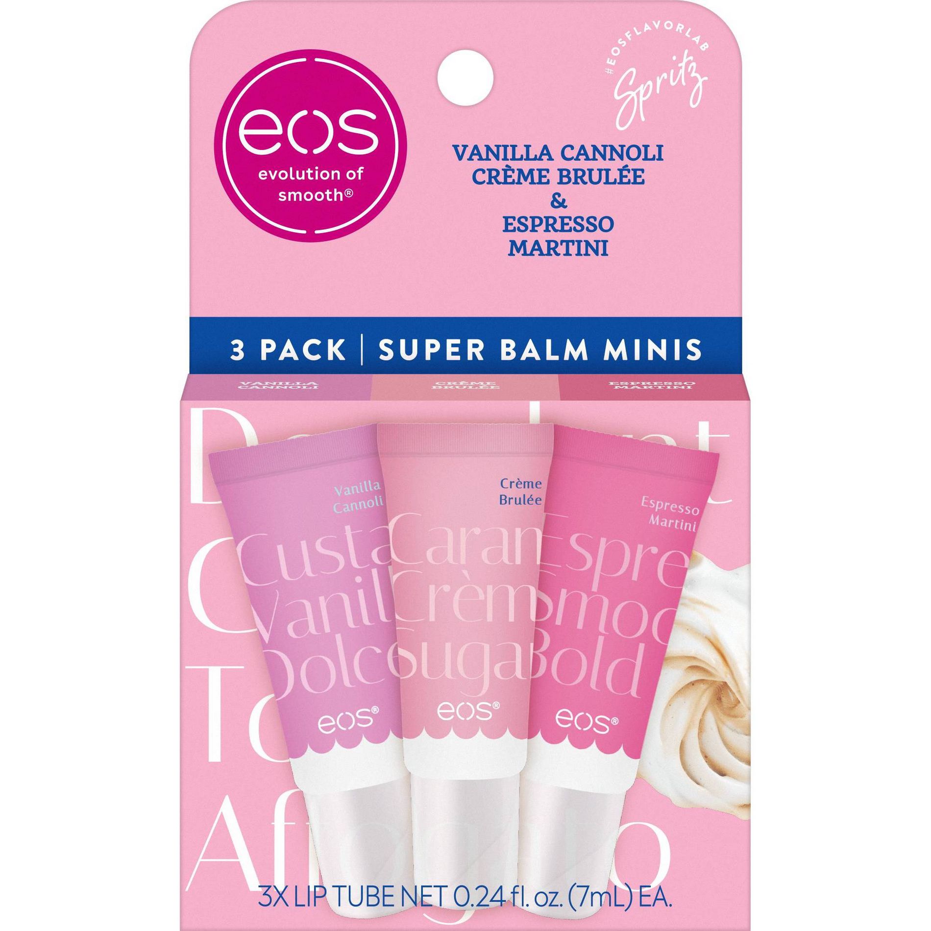 eos 24H Moisture Super Balm Minis - Vanilla Cannoli, Crème Brulée, Espresso Martini - 0.507 fl oz/3pk