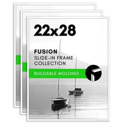 Americanflat 22x28 Poster Frame with Polished Front Cover - Set of 3 - Slide-In Photo Frame with Buildable Molding - Fusion - Picture Frames - White