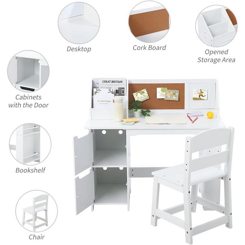 Kids Study Desk Wooden Learning Table Kids Study Table Study Table and Chair Set Storage Learning Desk with Drawer Study Tabl,White, 3 of 7