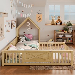 Twin/Full Kids House Floor Bed, Double Twin Floor Bed Frame with Door & Full-Length Guardrails - ModernLuxe - 1 of 4